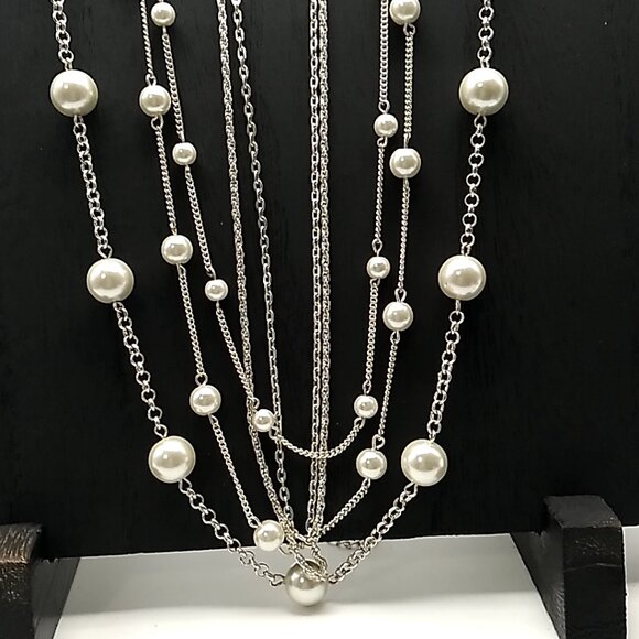 Vintage Style Multi-Strand Faux Pearl & Chain Link Necklace NWOT - Picture 10 of 15